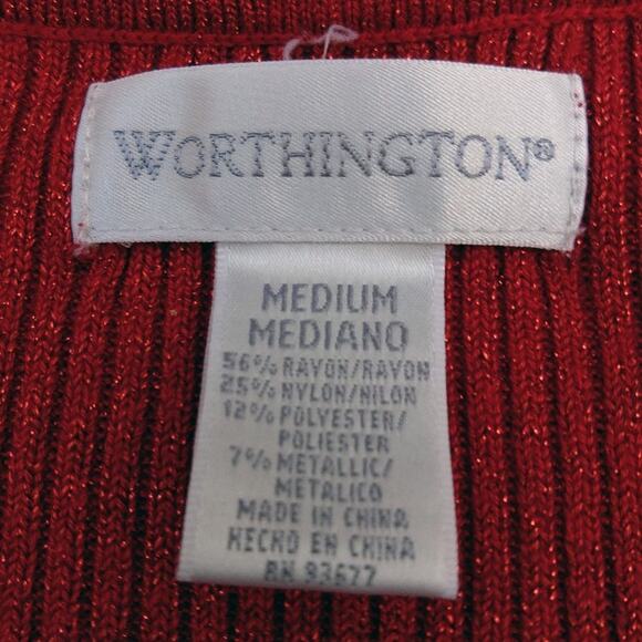 Women's Sparkly Red Cardigan Size Medium V-Neck Long Sleeves Ribbed Worthington - Picture 5 of 5